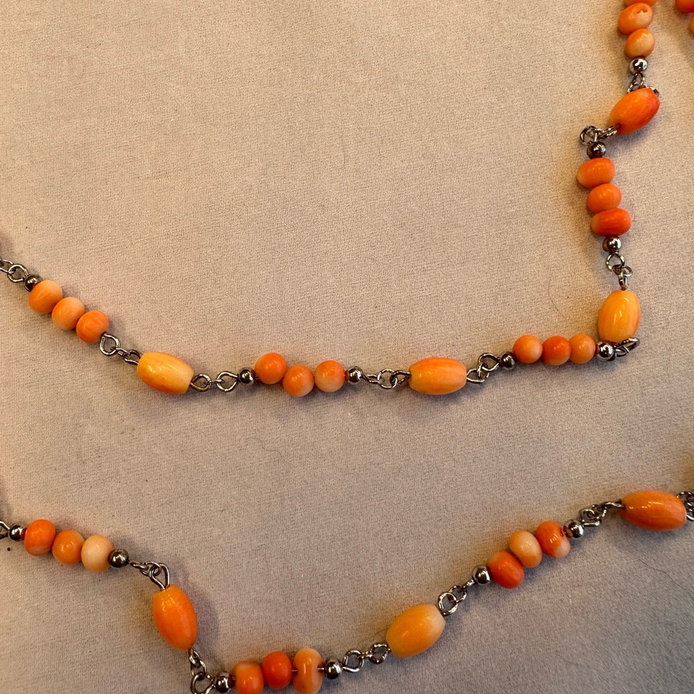 VTG Coral necklace with metal and round and oval beads two rows 18” New With Tag